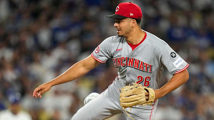 Cincinnati Reds pitcher Chase Burns (26) throws a pitch in the eighth inning of the MLB National League Wild Card Game 2 between the Los Angeles Dodgers and the Cincinnati Reds at Dodger Stadium in Los Angeles on Wednesday, Oct. 1, 2025. The Reds were eliminated from the postseason with an 8-4 loss to the reining World Series Champions La Dodgers.