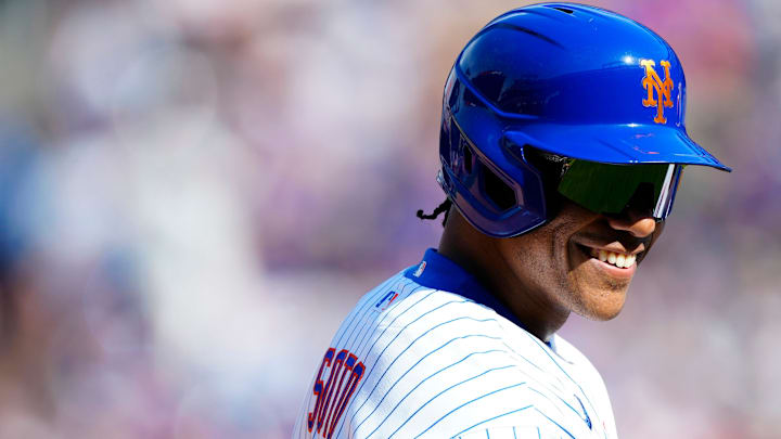 New York Mets left fielder Juan Soto (22) smiles as he is safe at third base, Thursday, March 26, 2026.