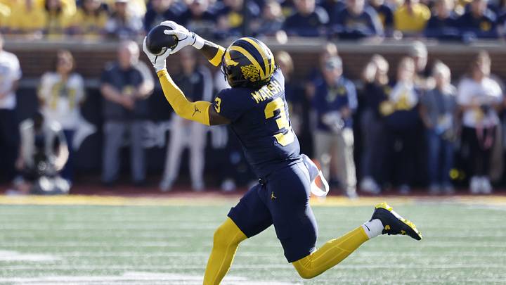 Sep 26, 2026; Ann Arbor, Michigan, USA; Michigan Wolverines wide receiver Andrew Marsh (3) makes a catch against the Iowa Hawkeyes during the first half at Michigan Stadium. Mandatory Credit: Rick Osentoski-Imagn Images Sep 26, 2026; Ann Arbor, Michigan, USA; Michigan Wolverines wide receiver Andrew Marsh (3) makes a catch against the Iowa Hawkeyes during the first half at Michigan Stadium. Mandatory Credit: Rick Osentoski-Imagn Images