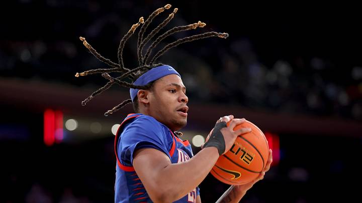 Mar 12, 2025; New York, NY, USA; DePaul Blue Demons forward NJ Benson (35) grabs a rebound against the Georgetown Hoyas during the second half at Madison Square Garden. Mandatory Credit: Brad Penner-Imagn Images