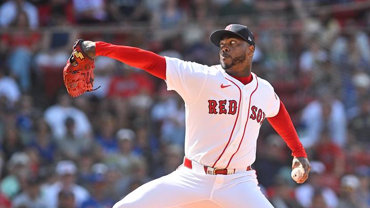 Jun 18, 2026; Boston, Massachusetts, USA; Boston Red Sox relief pitcher Aroldis Chapman (44) pitches against the Toronto Blue Jays  during the ninth inning at Fenway Park. Mandatory Credit: Eric Canha-Imagn Images