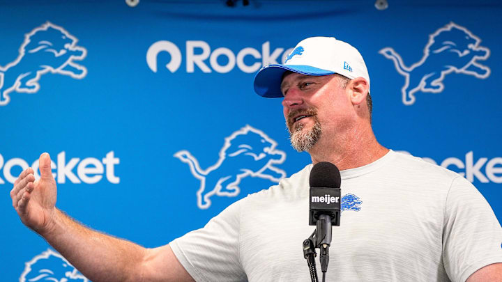 Detroit Lions head coach Dan Campbell speaks at a press conference during training camp at Meijer Performance Center in Allen Park on Sunday, July 20, 2025.