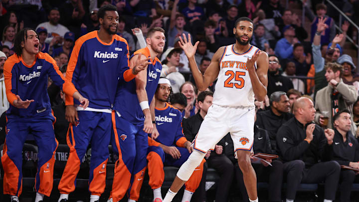 Dec 25, 2024; New York, New York, USA; New York Knicks forward Mikal Bridges (25) reacts after hitting a three point shot in the fourth quarter against the San Antonio Spurs at Madison Square Garden. Mandatory Credit: Wendell Cruz-Imagn Images Dec 25, 2024; New York, New York, USA; New York Knicks forward Mikal Bridges (25) reacts after hitting a three point shot in the fourth quarter against the San Antonio Spurs at Madison Square Garden. Mandatory Credit: Wendell Cruz-Imagn Images