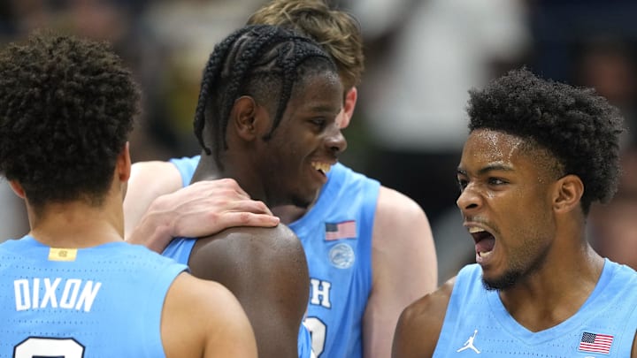 Jan 17, 2026; Berkeley, California, USA; North Carolina Tar Heels guard Jaydon Young (4) celebrates with guard Derek Dixon (3) during the second half against the California Golden Bears at Haas Pavilion. Mandatory Credit: Darren Yamashita-Imagn Images Jan 17, 2026; Berkeley, California, USA; North Carolina Tar Heels guard Jaydon Young (4) celebrates with guard Derek Dixon (3) during the second half against the California Golden Bears at Haas Pavilion. Mandatory Credit: Darren Yamashita-Imagn Images