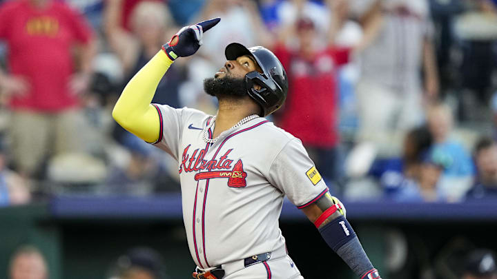 Jul 29, 2025; Kansas City, Missouri, USA; Atlanta Braves designated hitter Marcell Ozuna (20) celebrates after hitting a home run during the sixth inning against the Kansas City Royals at Kauffman Stadium. Mandatory Credit: Jay Biggerstaff-Imagn Images Jul 29, 2025; Kansas City, Missouri, USA; Atlanta Braves designated hitter Marcell Ozuna (20) celebrates after hitting a home run during the sixth inning against the Kansas City Royals at Kauffman Stadium. Mandatory Credit: Jay Biggerstaff-Imagn Images