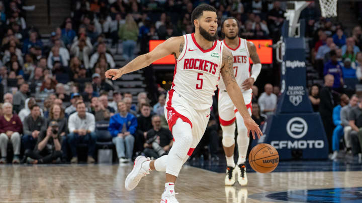 Apr 2, 2024; Minneapolis, Minnesota, USA; Houston Rockets guard Fred VanVleet (5) in action against the Minnesota Timberwolves in the fourth quarter at Target Center. Mandatory Credit: Matt Blewett-USA TODAY Sports Apr 2, 2024; Minneapolis, Minnesota, USA; Houston Rockets guard Fred VanVleet (5) in action against the Minnesota Timberwolves in the fourth quarter at Target Center. Mandatory Credit: Matt Blewett-USA TODAY Sports
