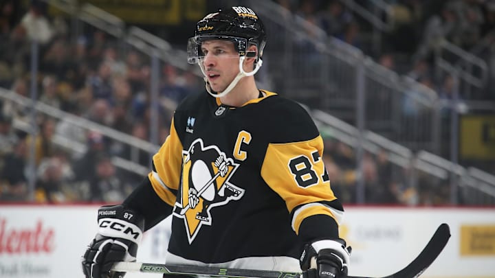 Sidney Crosby skates during the Penguins' 6–5 overtime loss to the Maple Leafs on March 2, 2025. Sidney Crosby skates during the Penguins' 6–5 overtime loss to the Maple Leafs on March 2, 2025.