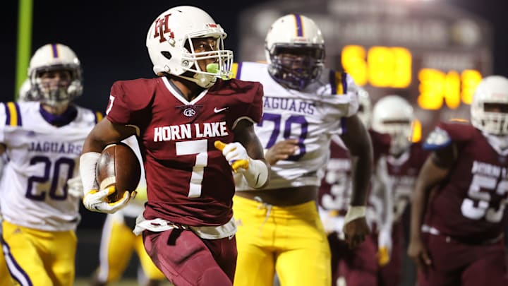 Horn Lake's Jarnorris Hopson runs down the sideline for a touchdown against DeSoto Central during their game in Horn Lake, Miss. on Friday, Oct. 2, 2020.

Jrca3521