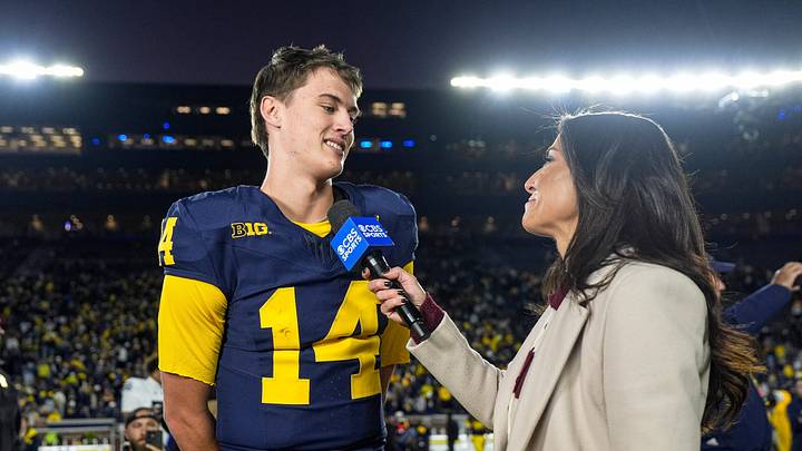 Michigan quarterback Tommy Carr (14) is being interviewed after 21-18 win over Penn State at Michigan Stadium in Ann Arbor on Saturday, Oct. 17, 2026.