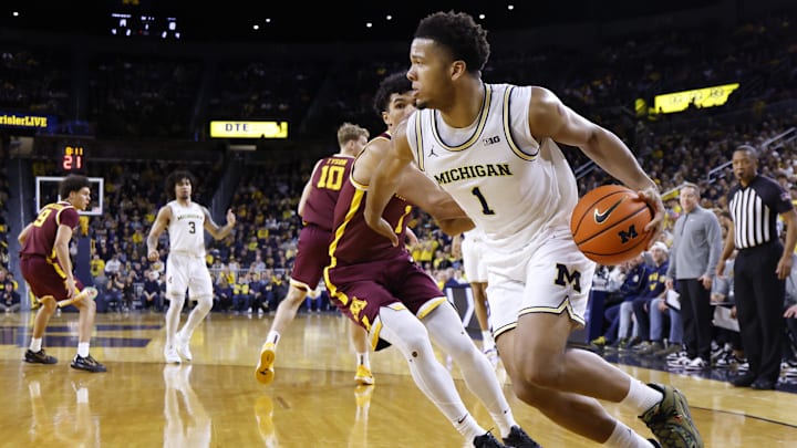 Feb 24, 2026; Ann Arbor, Michigan, USA; Michigan Wolverines guard Trey McKenney (1) dribbles in the first half against the Minnesota Golden Gophers at Crisler Center. Mandatory Credit: Rick Osentoski-Imagn Images Feb 24, 2026; Ann Arbor, Michigan, USA; Michigan Wolverines guard Trey McKenney (1) dribbles in the first half against the Minnesota Golden Gophers at Crisler Center. Mandatory Credit: Rick Osentoski-Imagn Images