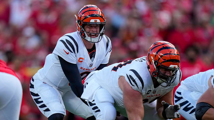 Cincinnati Bengals quarterback Joe Burrow (9) stands under center in the second quarter of the NFL Week 2 game between the Kansas City Chiefs and the Cincinnati Bengals at Arrowhead Stadium in Kansas City on Sunday, Sept. 15, 2024. The Bengals led 16-10 at halftime.