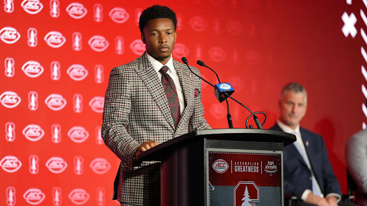 Jul 22, 2025; Charlotte, NC, USA; Stanford cornerback Collin Wright answers questions from the media during ACC Media Days at Hilton Charlotte Uptown. Mandatory Credit: Jim Dedmon-Imagn Images