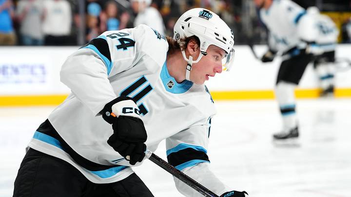 Sep 27, 2024; Las Vegas, Nevada, USA; Utah Hockey Club forward Cole Beaudoin (24) warms up before the start of a game against the Vegas Golden Knights at T-Mobile Arena. Mandatory Credit: Stephen R. Sylvanie-Imagn Images Sep 27, 2024; Las Vegas, Nevada, USA; Utah Hockey Club forward Cole Beaudoin (24) warms up before the start of a game against the Vegas Golden Knights at T-Mobile Arena. Mandatory Credit: Stephen R. Sylvanie-Imagn Images