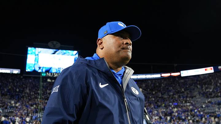 Oct 9, 2026; Provo, Utah, USA;  BYU Cougars head coach Kalani Sitake walks off the field after a win over the Iowa State Cyclones at LaVell Edwards Stadium.  Mandatory Credit: Aaron Baker-Imagn Images