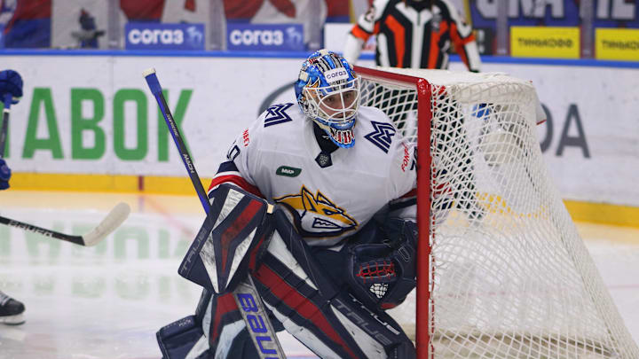 Metallurg Hockey Club player, Ilya Nabokov (30) seen in...