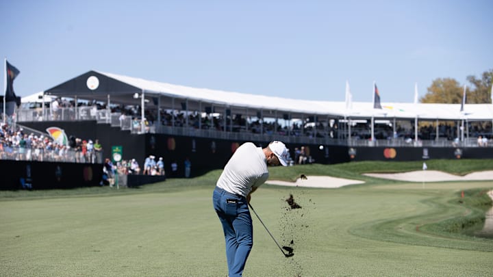 Wyndham Clark hits a shot at the 18th hole at Bay Hill Club & Lodge during the 2025 Arnold Palmer Invitational