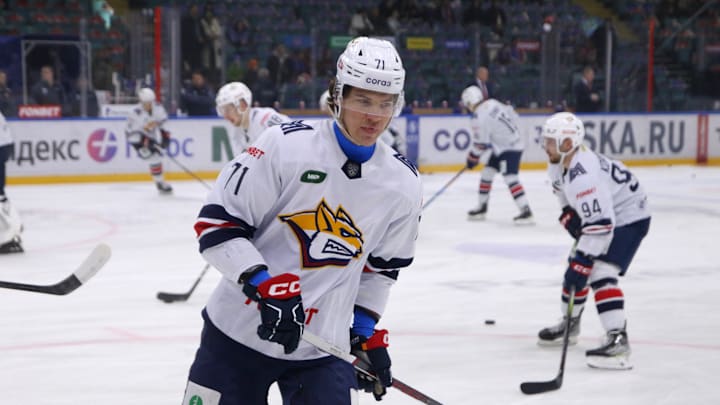 Metallurg Hockey Club player, Nikita Grebyonkin (71) seen in...