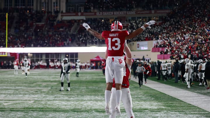 Indiana Hoosiers wide receiver Elijah Sarratt (13) scores a...