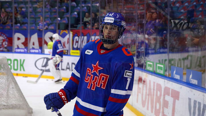 SKA Hockey Club player, Ivan Demidov (11) seen in action...