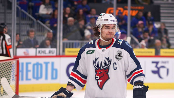 Torpedo Hockey Club player, Bogdan Konyushkov (6) seen in...