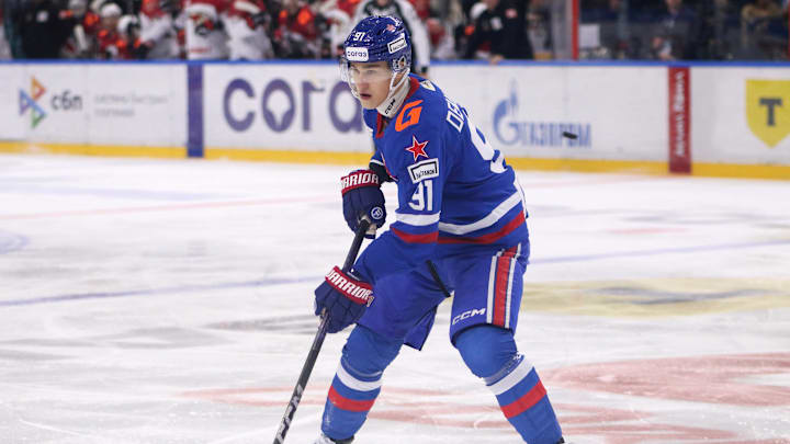 Ivan Demidov (91) SKA Hockey Club seen in action during the...