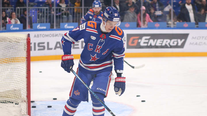 Ivan Demidov (91) of SKA Hockey Club seen in action during...