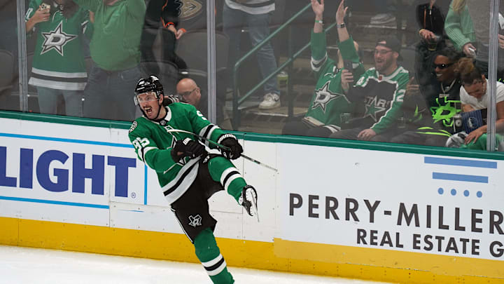 Matt Duchene #95 of Dallas Stars celebrating after scoring a...