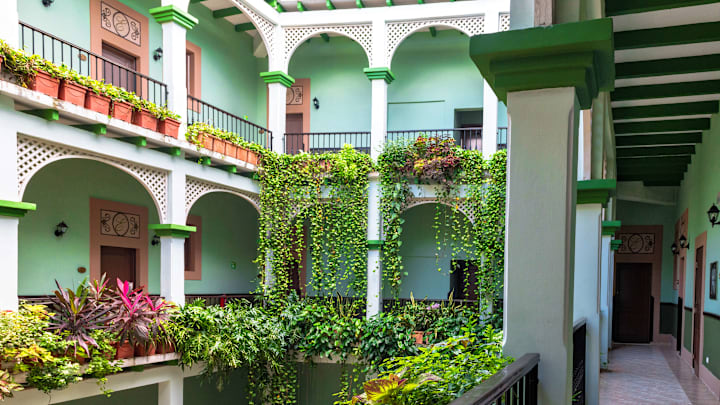 Hotel Barcelona central backyard decorated with beautiful...