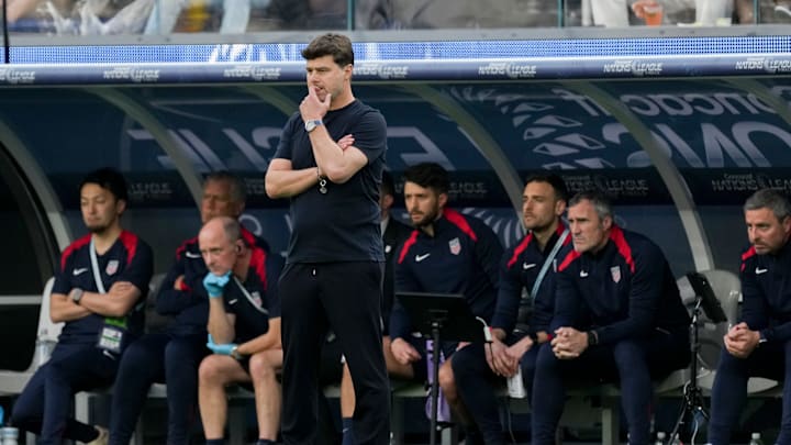 Mauricio Pochettino watches the USMNT during its 2-1 loss to Canada in the Nations League third-place match.