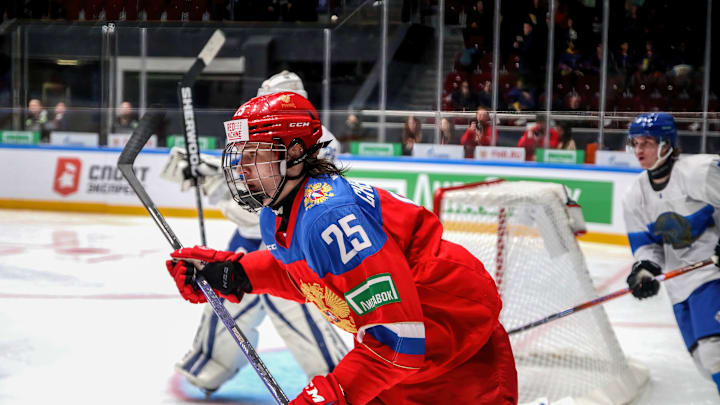 Russia U20 Hockey team player, Igor Chernyshov (25) seen in...