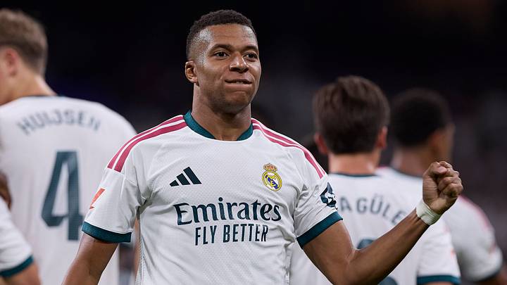 Kylian Mbappe of Real Madrid CF celebrates a goal during the