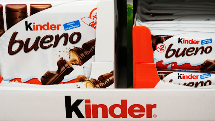 Kinder Bueno Chocolate Bar Packaging on a shelf in a store...