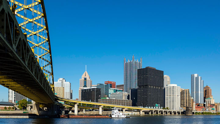 City skyline and Fort Pitt Bridge...