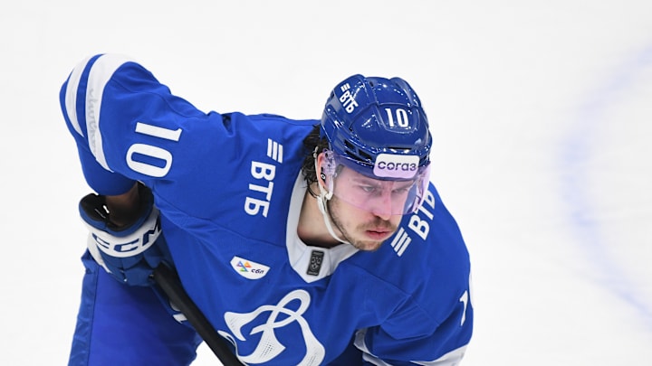 Maxim Comtois (10) of Dynamo Moscow Hockey Club seen in...