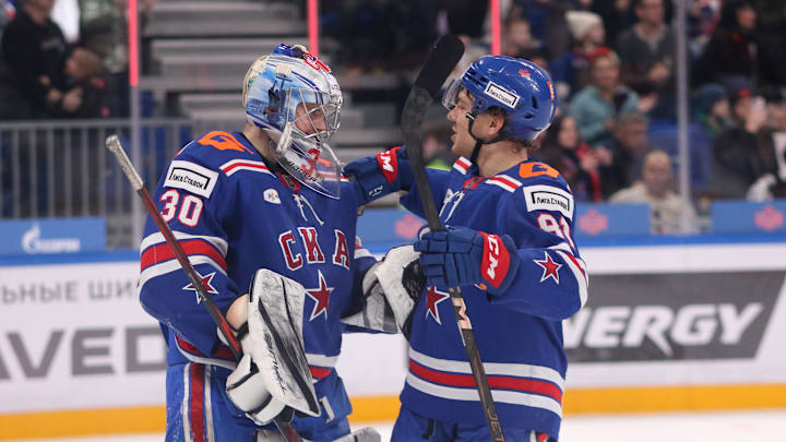 Yegor Zavragin (30) and Arseny Gritsyuk (81) of SKA Hockey...
