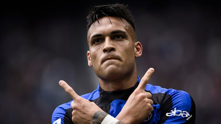 Lautaro Martinez of FC Internazionale celebrates after...
