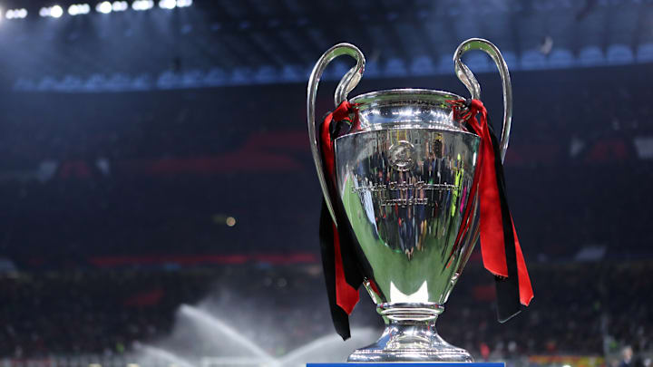 The Champions League trophy is put on display before the...