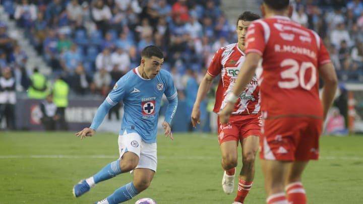 Erik Lira #6 of  Cruz Azul drives the ball forward during...
