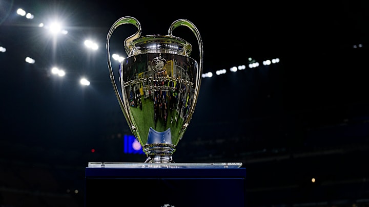 The Champions League trophy is seen prior the UEFA Champions...