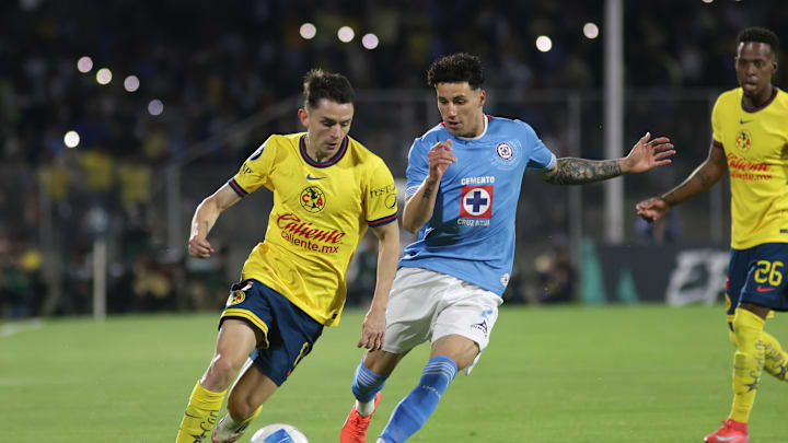 Jorge Sánchez #2 of Cruz Azul and Alvaro Fidalgo #8 of...