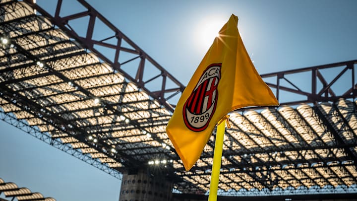 A corner flag bearing AC Milan logo crest in seen prior to...