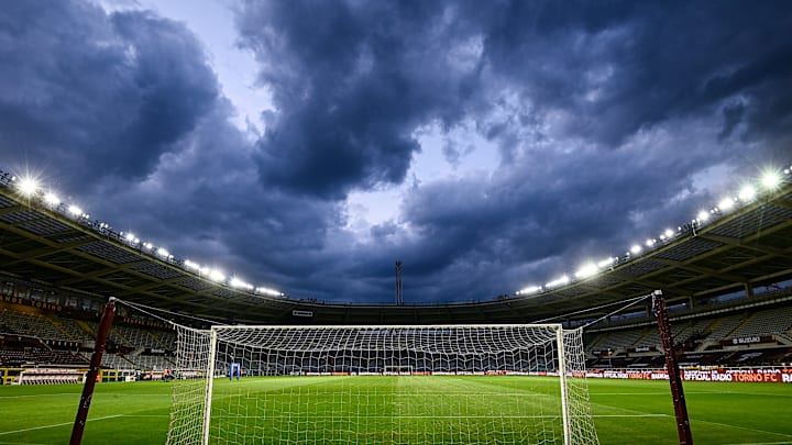 General view shows a goal and the pitch of stadio Olimpico...
