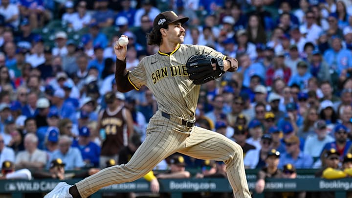 Oct 1, 2025; Chicago, Illinois, USA; San Diego Padres starting pitcher Dylan Cease (84) delivers a pitch against the Chicago Cubs in the first inning during game two of the Wildcard round for the 2025 MLB playoffs at Wrigley Field. Mandatory Credit: Matt Marton-Imagn Images