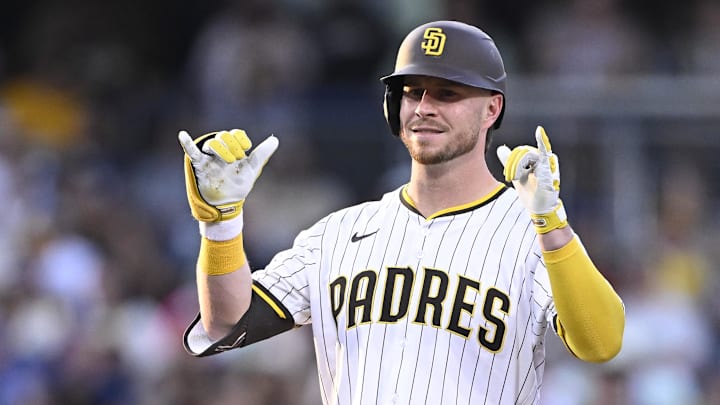 Sep 27, 2025; San Diego, California, USA; San Diego Padres first baseman Ryan O'Hearn (32) gestures after hitting a double during the second inning against the Arizona Diamondbacks at Petco Park. Mandatory Credit: Denis Poroy-Imagn Images