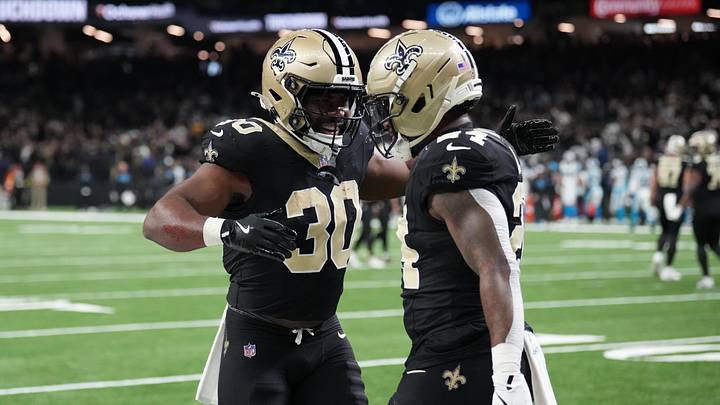 Dec 14, 2025; New Orleans, Louisiana, USA; New Orleans Saints running back Devin Neal (24) celebrates with running back Audric Estime (30) after scoring a touchdown during the second quarter against the Carolina Panthers at Caesars Superdome. Mandatory Credit: Matthew Hinton-Imagn Images Dec 14, 2025; New Orleans, Louisiana, USA; New Orleans Saints running back Devin Neal (24) celebrates with running back Audric Estime (30) after scoring a touchdown during the second quarter against the Carolina Panthers at Caesars Superdome. Mandatory Credit: Matthew Hinton-Imagn Images