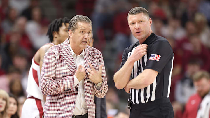 Feb 21, 2026; Fayetteville, Arkansas, USA; Arkansas Razorbacks head coach John Calipari talks to an official during the first half against the Missouri Tigers at Bud Walton Arena. Mandatory Credit: Nelson Chenault-Imagn Images Feb 21, 2026; Fayetteville, Arkansas, USA; Arkansas Razorbacks head coach John Calipari talks to an official during the first half against the Missouri Tigers at Bud Walton Arena. Mandatory Credit: Nelson Chenault-Imagn Images
