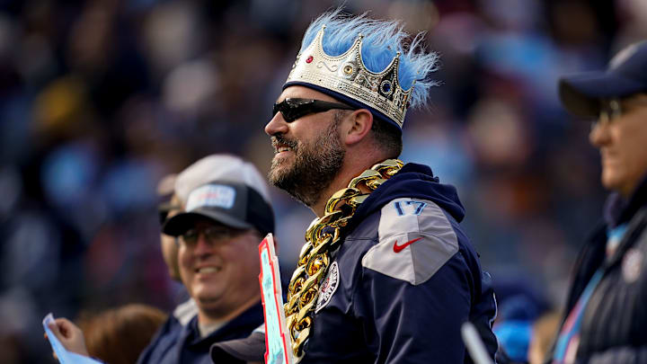 Tennessee Titans fan Chris Horton, of Chattanooga, watches the second quarter against the Jacksonville Jaguars at Nissan Stadium in Nashville, Tenn., Sunday, Jan. 7, 2024.
