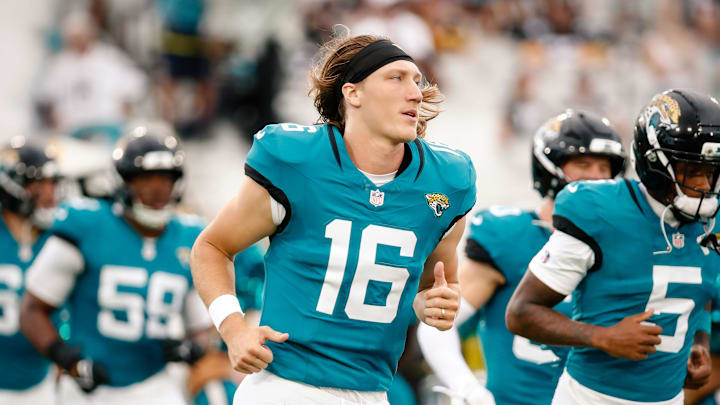Aug 9, 2025; Jacksonville, Florida, USA; Jacksonville Jaguars quarterback Trevor Lawrence (16) runs onto the field before a preseason game against the Pittsburgh Steelers at EverBank Stadium. Mandatory Credit: Travis Register-Imagn Images