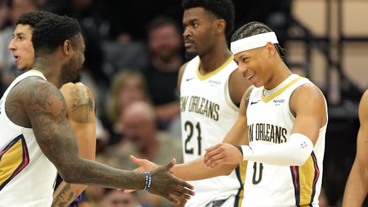 Apr 3, 2026; Sacramento, California, USA; New Orleans Pelicans guard Jeremiah Fears (right) is congratulated by forward Zion Williamson (left) after scoring against the Sacramento Kings during the fourth quarter at Golden 1 Center. Mandatory Credit: Darren Yamashita-Imagn Images