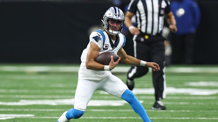 Dec 14, 2025; New Orleans, Louisiana, USA; Carolina Panthers quarterback Bryce Young (9) runs the ball against the New Orleans Saints during the first quarter at Caesars Superdome. Mandatory Credit: Stephen Lew-Imagn Images Dec 14, 2025; New Orleans, Louisiana, USA; Carolina Panthers quarterback Bryce Young (9) runs the ball against the New Orleans Saints during the first quarter at Caesars Superdome. Mandatory Credit: Stephen Lew-Imagn Images